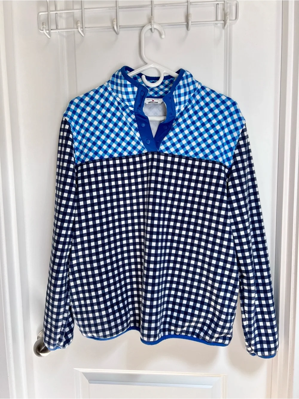 Lands' End x Draper James Gingham Navy & Blue Snap Neck Pullover Sweatshirt Sz L - Picture 2 of 9
